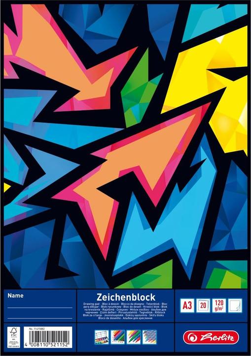 Produktbild Herlitz Zeichenblock DIN A3, 120 g/qm, 20 Blatt holzfrei, stabile Rückenpappe, mit Namensfeld auf der (A3, Blanko, Kein Einband)