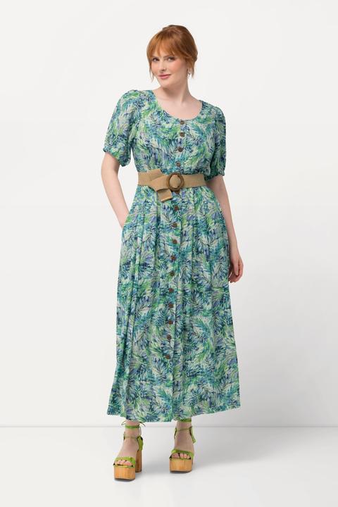 Produktbild Ulla Popken Kleid, Blätter, Leinenmix, Rundhals, Halbarm (60)