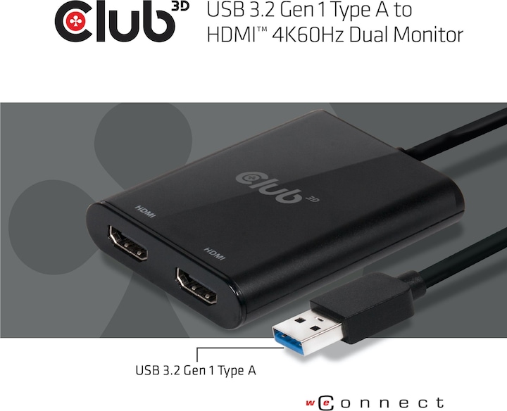 Actual product image Club 3D USB A to HDMI 2.0 Dual Monitor 4K 60Hz Adapter