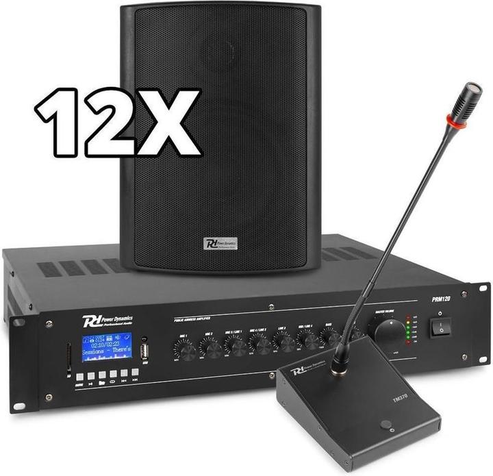 Power Dynamics complete 100V muziekinstallatie / omroepinstallatie met 12 speakers, 120W Bluetooth verster (Aktiv)