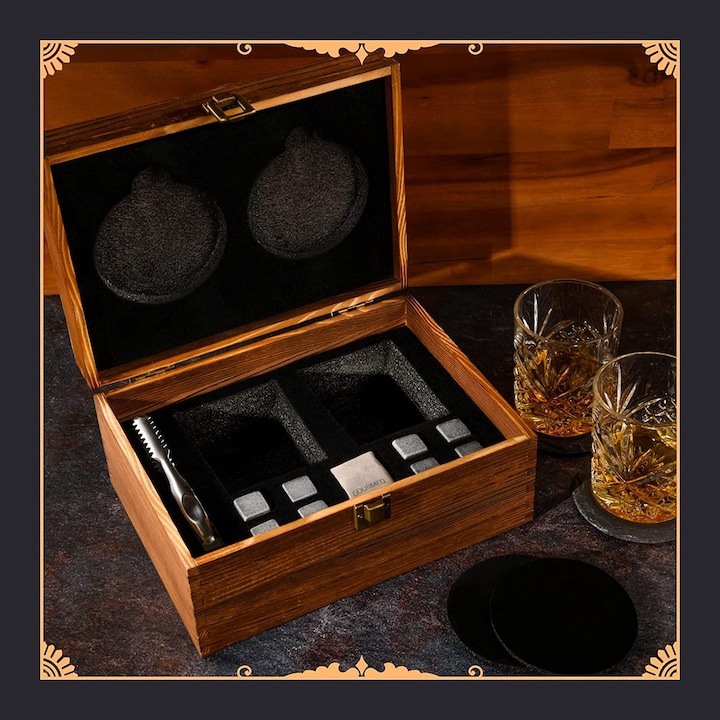 Immagine prodotto Gourmeo 8 pietre di whisky in una scatola di legno L, 2 bicchieri (Pietre di whisky)