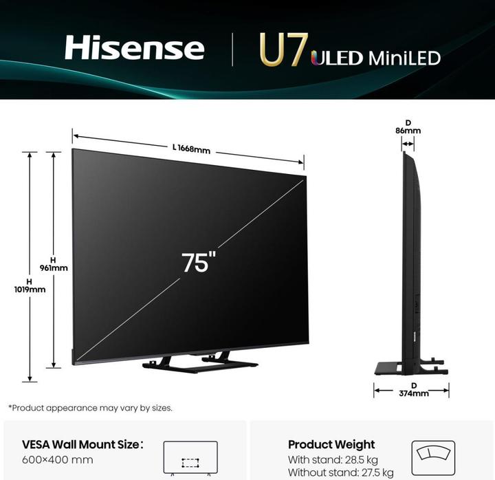 Actual product image Hisense TV 75U7Q (75", U7Q, Mini-LED, 4K, 2025)