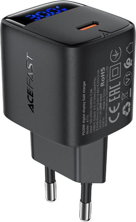 Actual product image Acefast - Wall Charger (A115) - with Digital Display, Fast Charging, GaN, Type-C, PD30W - Black (30 W)
