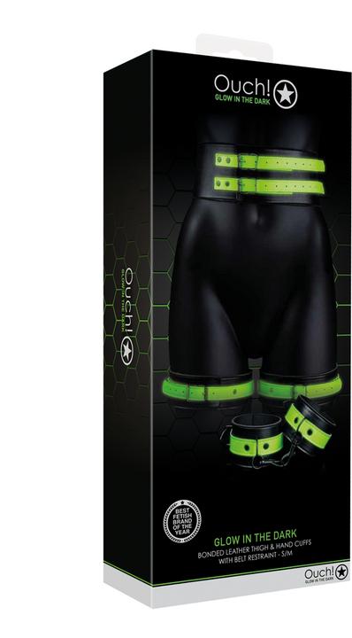 Productafbeelding Ouch! Dijbeenboeien met riem en handboeien - Glow in the Dark - S/M