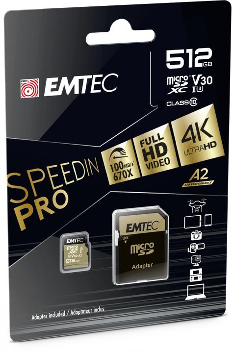 Actual product image Emtec mSD 512GB UHS-I U3 V30 A2 SpeedIN (512 GB, microSDXC, U3, UHS-I)