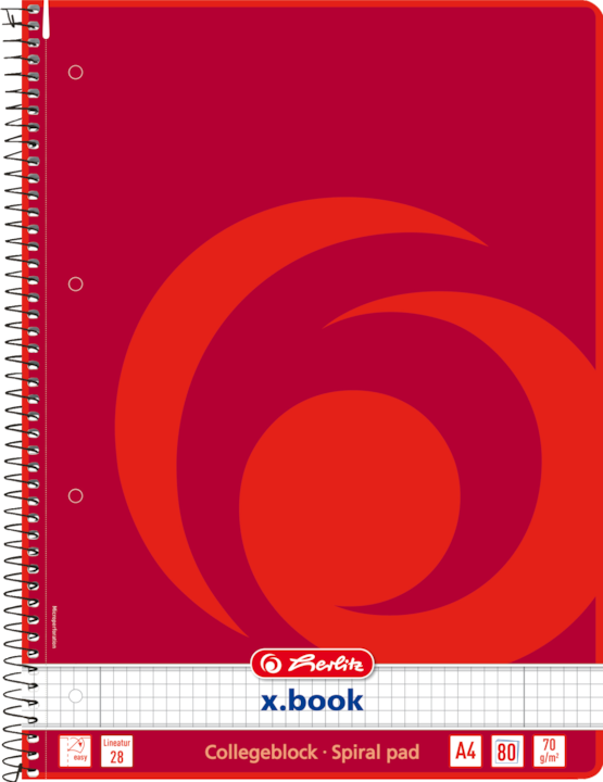 Image du produit Herlitz Collegeblock x-book, DIN A4, 80 feuilles, quadrillé, règle 28, marge gauche et droite, 70 g, sans (A4, Quadrillé, Couverture rigide)