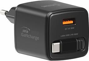 Produktbild Swissten Netzadapter SlideCHARGE GaN 30W, 1 Anschluss, 1x USB-A, MIT EINZIEHBAREM USB-C-KABEL (30 W, 1 Port)