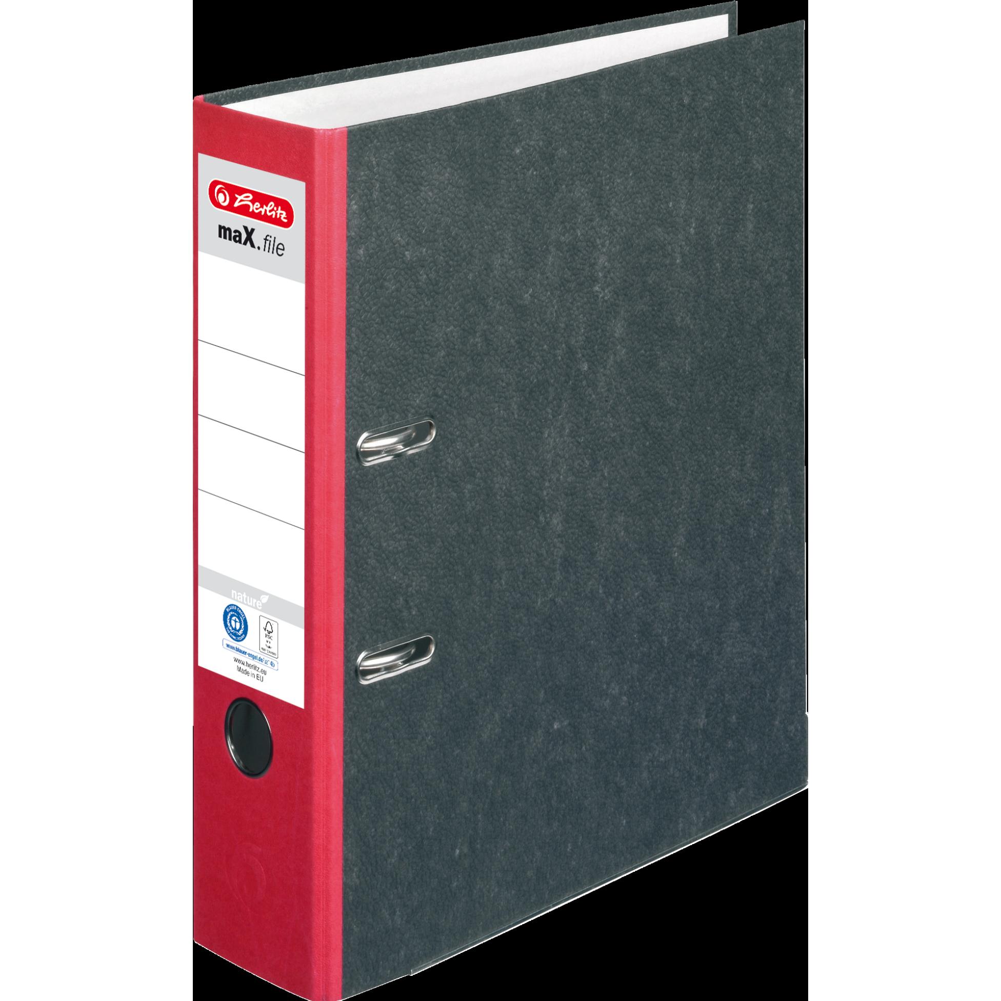 Herlitz, Ordner, Ordner maX.file nature, Rückenbreite: 80 mm, roter Rücken, mit schwarzem Wolkenmarmorpapier-Überzug (A4...