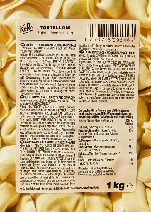 Nutritional values and ingredients KoRo Stuffed pasta with ricotta and spinach (9000 g)