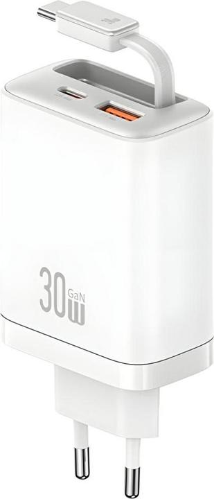 Image du produit Usams CC296 30W Fast Charger With Retractable Type-C Cable (EU) - Xiang Series White (30 W, 2 ports)