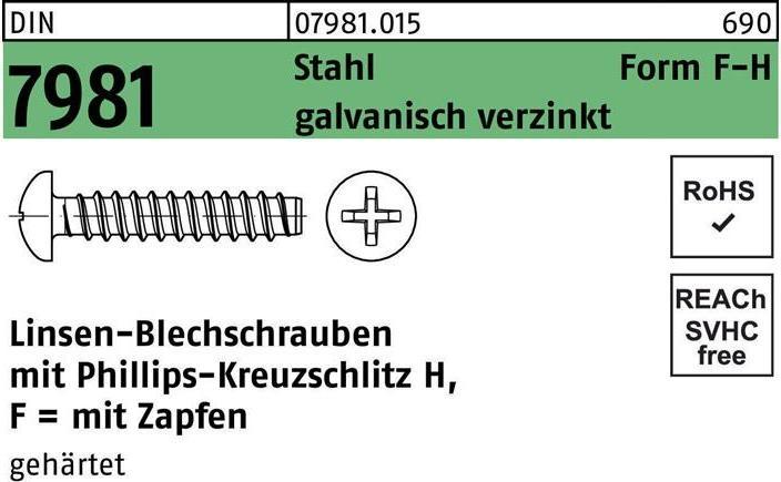 Produktbild Blechschraube DIN 7981 LIKO m.Kreuzschlitz-PH F 5,5 x 16 -H Stahl galvanisch verzinkt m.Zapfen (500 Schrauben pro Stück)