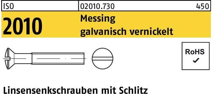 Produktbild Linsensenkschraube ISO 2010 m.Schlitz M 5 x 80 Messing galvanisch vernickelt (200 Schrauben pro Stück)
