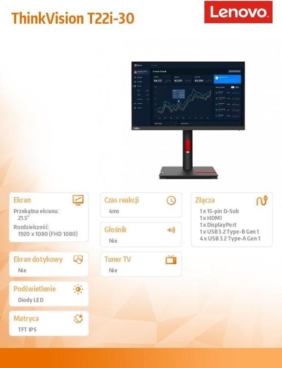 Produktbild Lenovo ThinkVision T22i-30 (1920 x 1080 Pixel, 21.50")