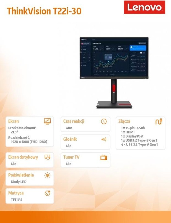 Produktbild Lenovo ThinkVision T22i-30 (1920 x 1080 Pixel, 21.50")