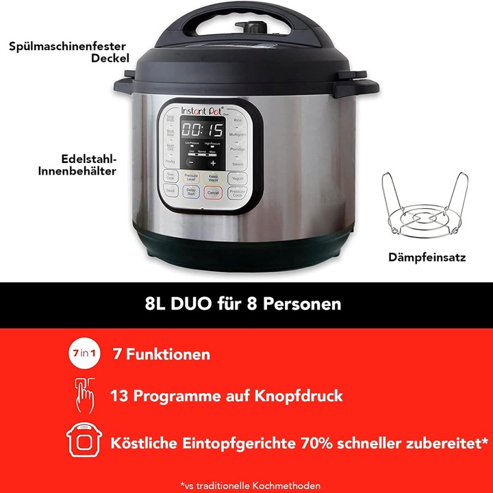 Produktbild Instant Pot Duo 7,6L multicooker 7-in-1 - snelkookpan - pressure cooker - rijstkoker - slowcooker - stomer -