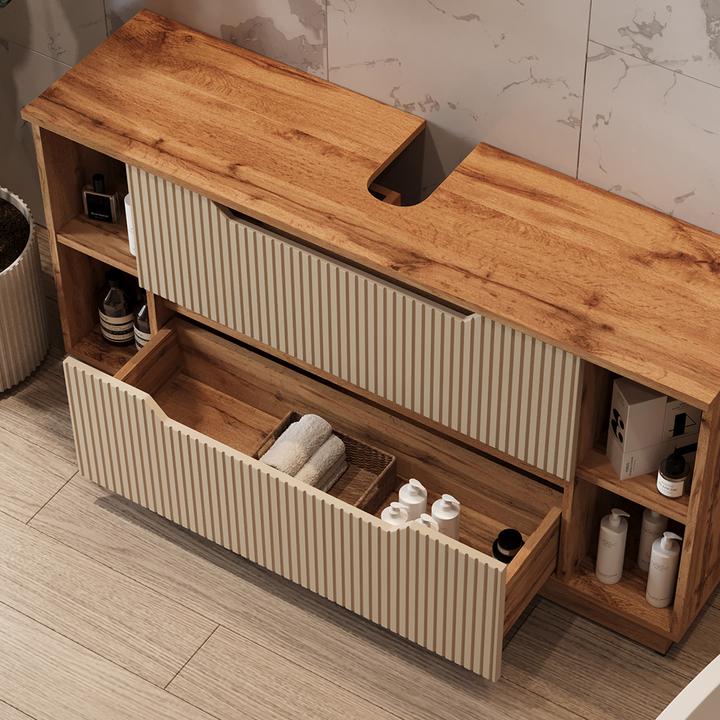 Actual product image Vicco Waschbeckenunterschrank Lotta, Eiche/Kaschmir gestreift, 119.2 x 62.5 cm mit 2 Schubladen (119.20 x 32 x 62.50 cm)