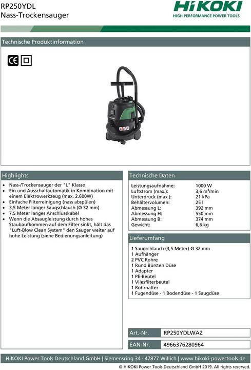 Produktbild Hikoki RP250YDL (Nass-Trockensauger)