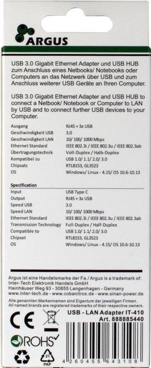 Image du produit Intertech Adaptateur Argus IT-410 Lan (USB-C, 4 ports)