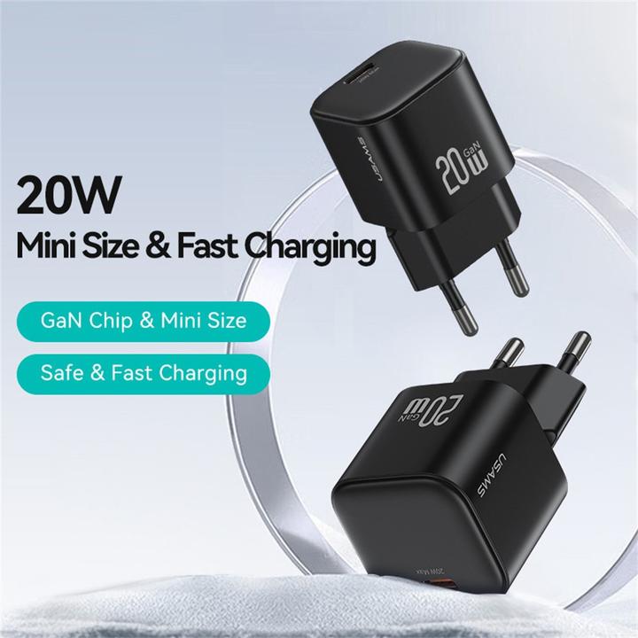 Actual product image Usams CC260 20W GaN Mini Fast Charger (EU) - JC Series - Black (20 W)