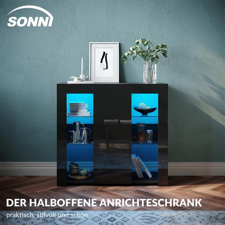 Actual product image SONNI sideboard, kitchen cabinet with LED lighting (adjustable in 12 colors), black high gloss, stor