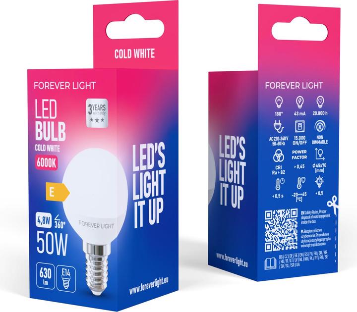 Produktbild Forever Light LED Bulb E14 G45 4.8W 630lm 6000K class E (E14, 630 lm, 100x)