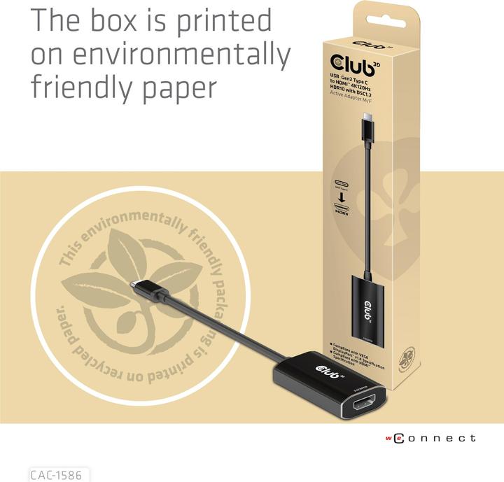 Produktbild Club 3D USB-Typ-C Gen2 auf HDMI™ 4K120Hz HDR10 mit DSC 1.2 aktiv St./B. (HDMI, 15 cm)