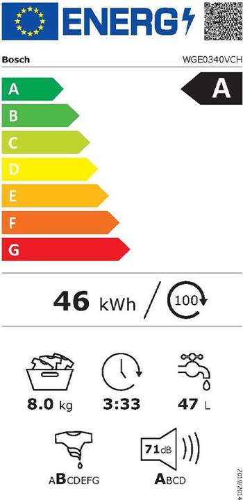Label énergétique Bosch Hausgeräte WGE0340VCH Waschmaschine (8 kg, Gauche)