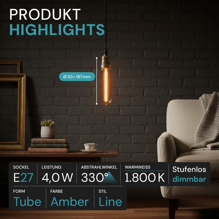 Immagine prodotto Luxula Lampada a filamento LED, Linea tubo ambra, E27, 2W, 65lm, 1800K (E27, 65 lm, 1 x)