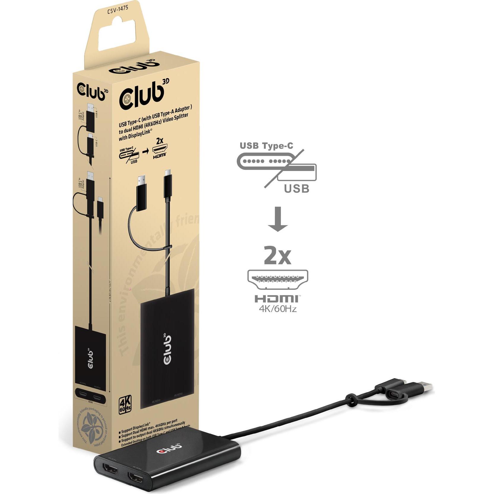 Thumbnail - Club 3D Club3D Adapter USB-C (USB A Adapter) > 2x HDMI 4K@60Hz St/Bu retail (USB Typ-C, 9 cm), Data + Video Adapter, Sch...