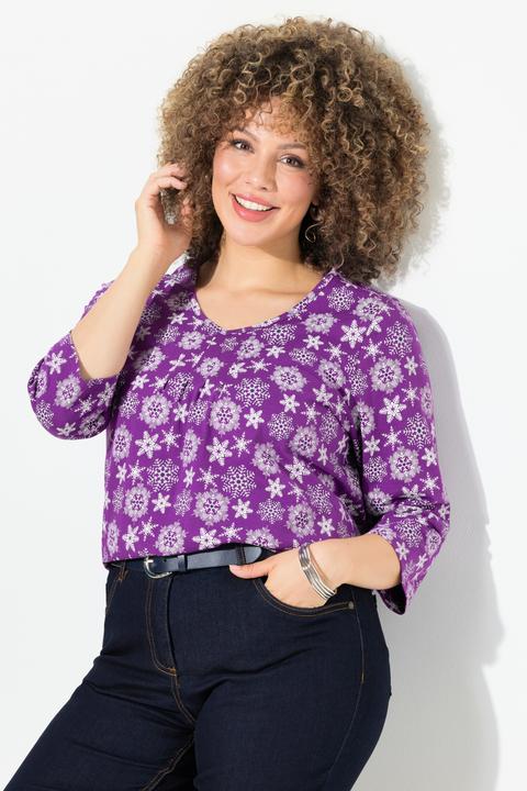 Produktbild Ulla Popken Shirt, Schneeflocken, A-Linie, V-Ausschnitt, 3/4-Arm (46, 48)