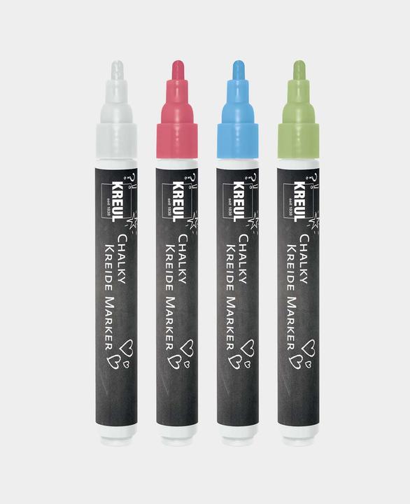 Image du produit Kreul Marqueurs craie Chalky, Medium, lot de 4 Décorations de fenêtre (Blanche Neige, bleu nordique, Cozy Red, Rosemary Green, 4 mm, 4 x)