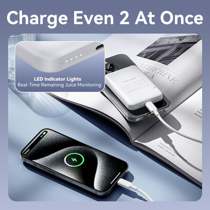 Actual product image Vention 5000mAh Magnetic Wireless Power Bank (USB-C + USB-C + Wireless) 20W Pink Light Indicator Display Typ (5000 mAh, 20 W, 18.50 Wh)