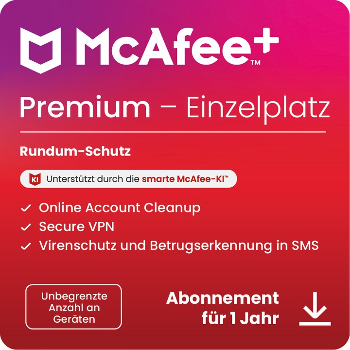 McAfee + Premium Einzelplatz (Unbegrenzte Anzahl von Geräten) (1 Utilisateur, 1 Périphériques/Utilisateurs, 12 mois)