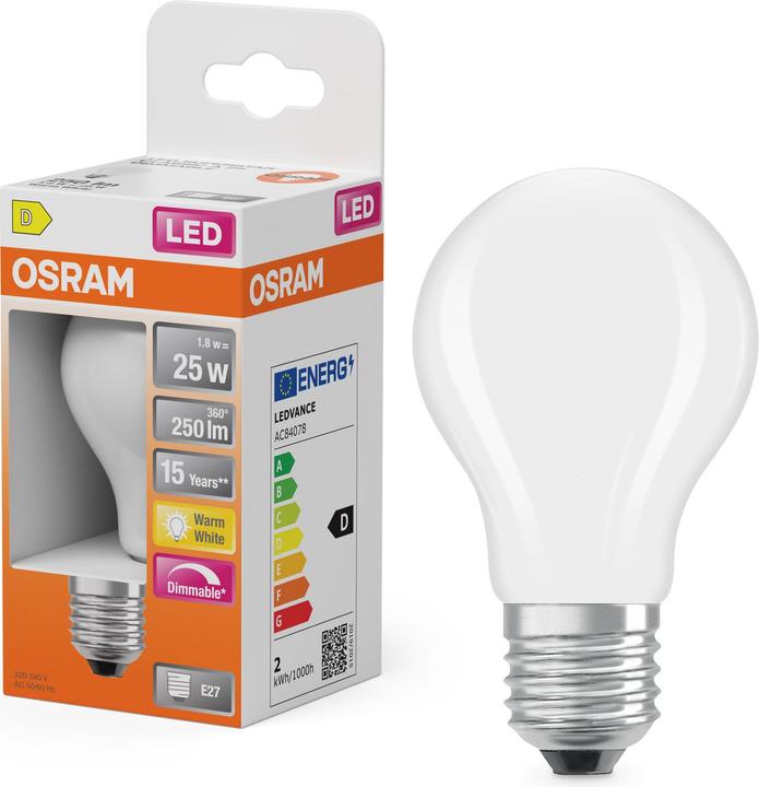 Actual product image Osram LED Superstar Classic A 25 Filament DIM 1.8W 827 Frosted E27 (E27, 250 lm, 6x)
