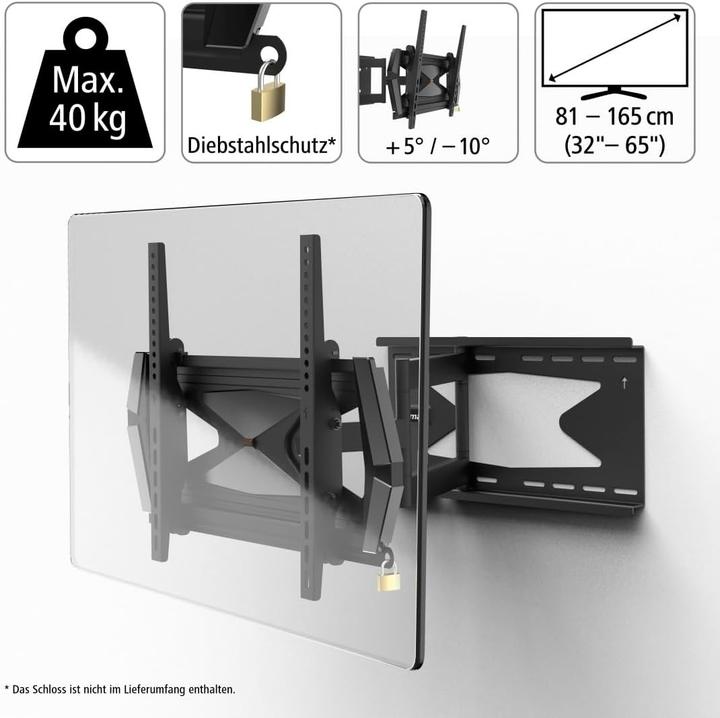 Image du produit Hama Support TV mural, pivotant, inclinable, antivol, 165 cm (65"), 40 kg (Mur, 40 kg, 32" - 65")
