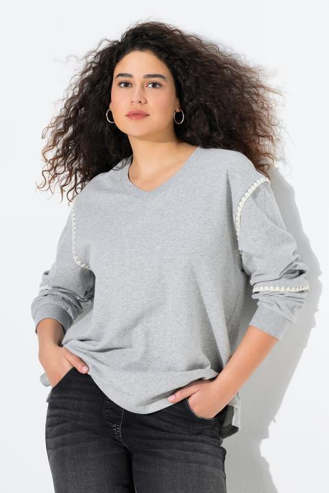 Produktbild Ulla Popken Sweatshirt, Ziernähte, Oversized, V-Ausschnitt, Langarm (54)