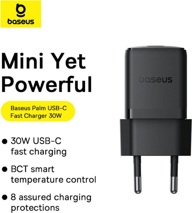 Productafbeelding Baseus - Wandoplader Palm (P10111605113-00) - Snelle oplader, Type-C, PD 30W, 5V/3A - Cluster Zwart (30 W, 1 portie)