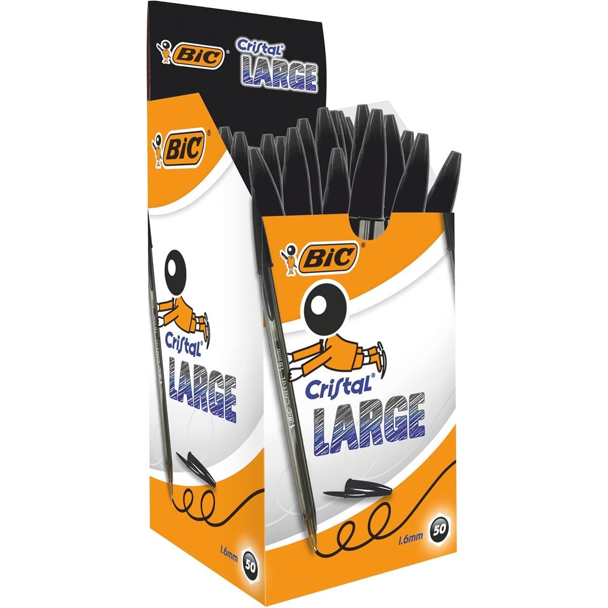 Bic, Penne, Biros Cristal Large, colore linea: nero (Trasparente, Nero, 50 x)