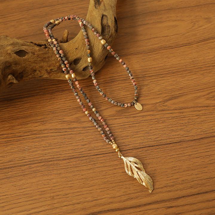 Image du produit Andreani Collier avec pendentif plume en jaspe léopard véritable