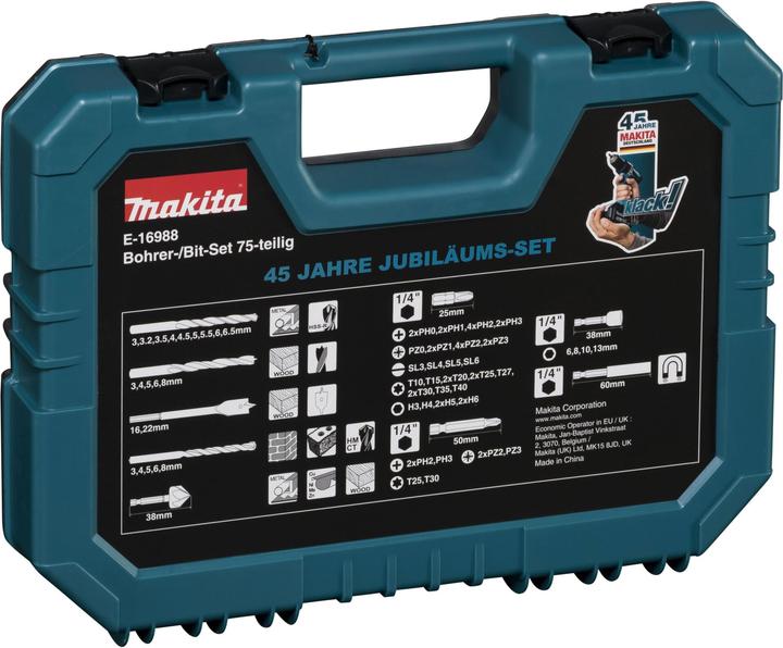 Actual product image Makita E-16988 Drill bit set 75 pcs. (23, 31, 46, 21 mm, 3/4", 32 mm, 11mm, 42 mm, 49mm, 22 mm, 4-12mm, 10mm, 18 mm, 1/4", 24 mm, 20 mm, 13 mm, 27 mm, 48 mm, 17 mm, 16 mm, 44 mm, 29 mm, 19 mm, 26 mm, 25mm, 28 mm, 45 mm, 3/8", 15 mm, 40 mm, 43 mm, 30 mm, 50 mm, 38mm, 5/16", 14 mm, 1/2", 35 mm)