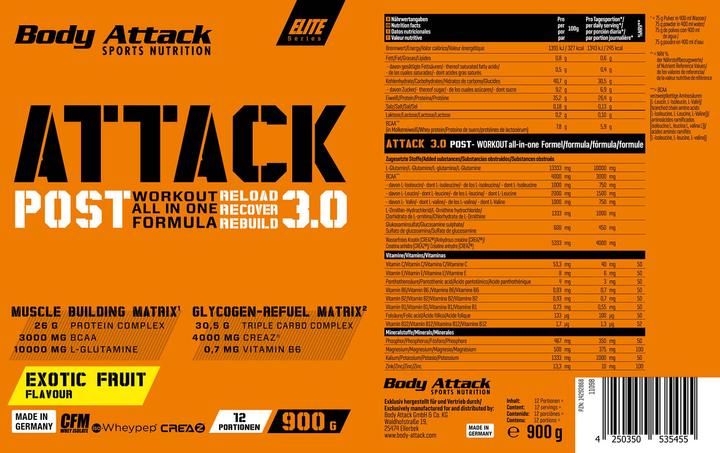 Valeurs nutritives et ingrédients Body Attack Post Attack 3.0 (boîte de 900g) (Fruits exotiques, 1 pcs, 900 g)