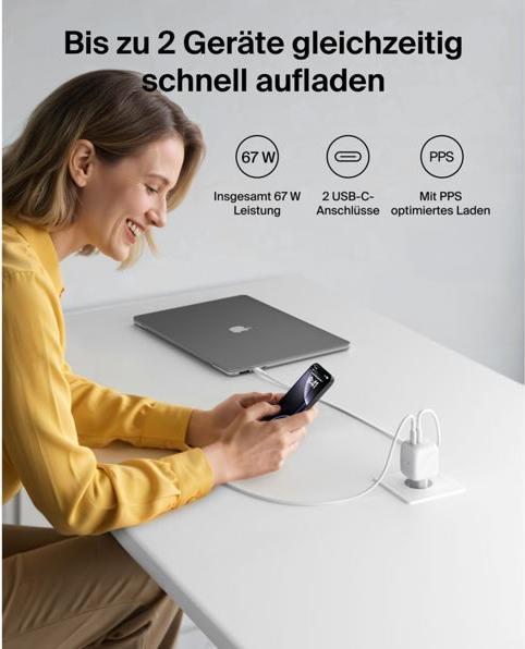 Image du produit Belkin BoostCharge 67 W Dual USB-C avec PD, câble USB-C inclus (67 W, 2 ports)