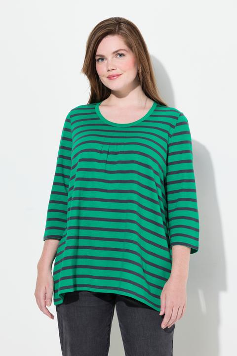 Image du produit Ulla Popken T-shirt rayé avec plis fantaisie, col rond et manches 3/4, coupe évasée (46, 48)