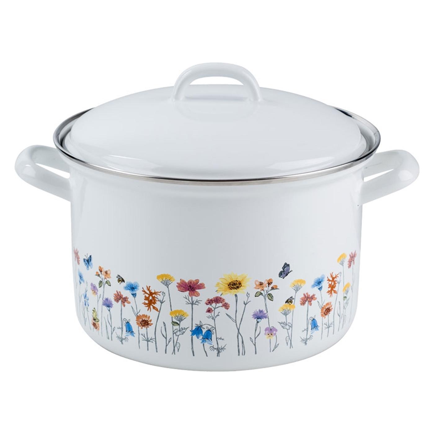 Kelomat Fleischtopf mit Deckel Ø20cm 3,5l Country Flora Emaille, Pfanne + Kochtopf, Weiss