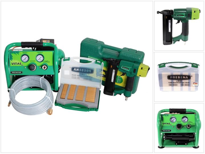 Produktbild Prebena Komplettpaket 2XR-J50 Druckluftnagler + Druckluftschlauch 10m + Kompressor VITAS 45 + J-BOX