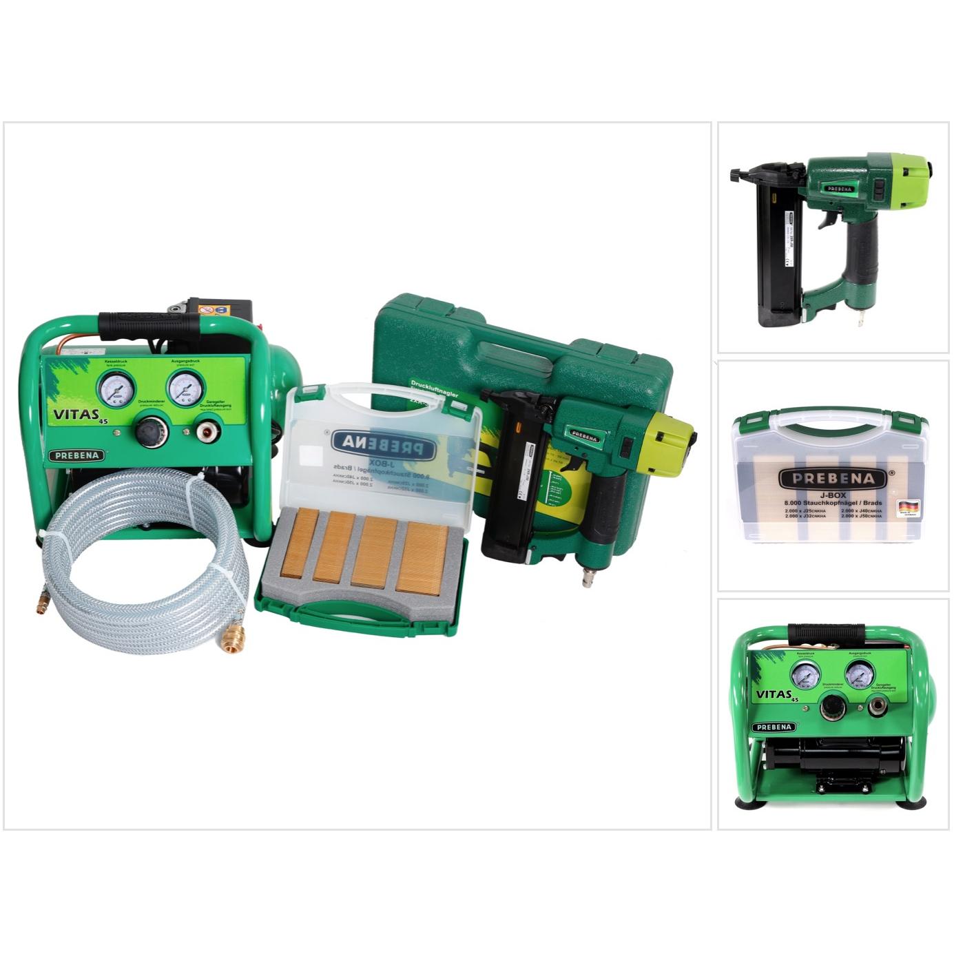 Prebena, Tacker + Nagelpistole, Komplettpaket 2XR-J50 Druckluftnagler + Druckluftschlauch 10m + Kompressor VITAS 45 + J-...