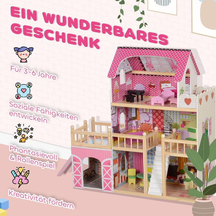 Produktbild Fasnacht Rosa Puppenhaus mit 3 Etagen 13 Möbelstücke aus MDF Holz 114x32x92cm
