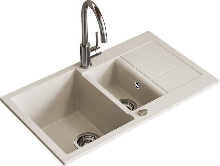 Bergström Sink Seattle, White, 80 x 50 cm with 2 sinks & drying area (Fitted sink with draining board, 50 cm, 80 cm)