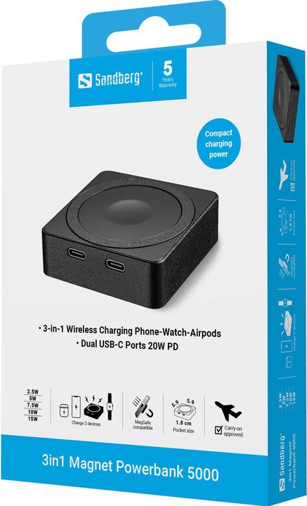 Immagine prodotto Sandberg 3in1 Magnet Powerbank 5000 (5000 mAh, 20 W, 18.50 Wh)