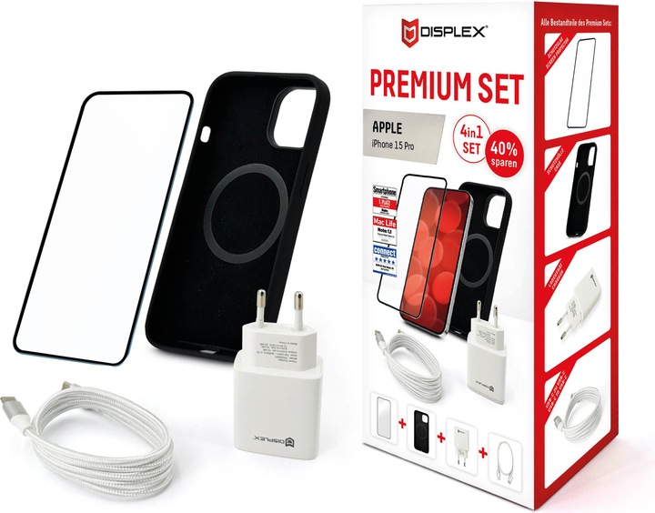 Actual product image Displex 4 in 1 Premium Set (Full Cover armoured glass, protective case, charger, charging cable) (1 Piece, Apple iPhone 15 Pro)